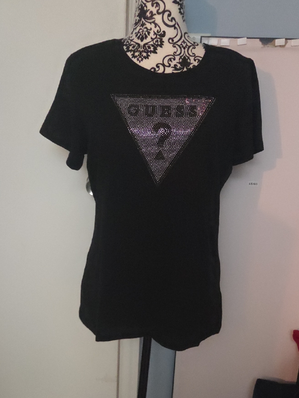 GUESS Black Short Sleeve Tee with Iridescent Rhinestone Triangle